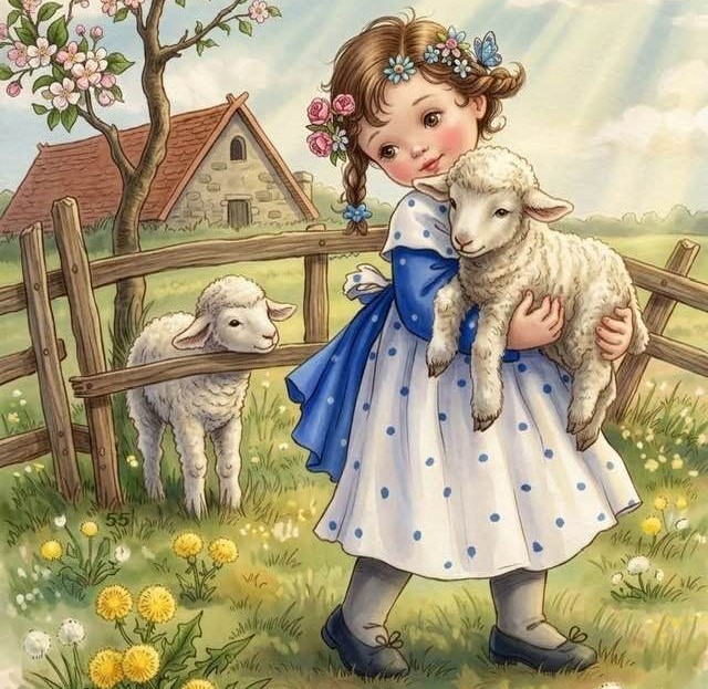 Young girl in blue dress holding white lamb in cottage garden with blossoms