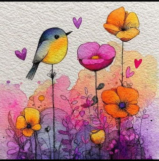 Watercolor bird with blue head and yellow chest sitting among pink and orange flowers with small purple hearts
