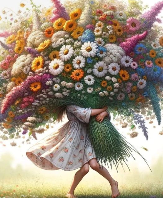 Woman Carrying Giant Flower Bouquet
