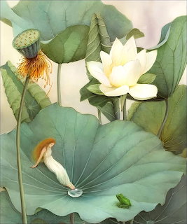 Two small fairies sitting on large lotus leaves beside a blooming white water lily in a tranquil pond