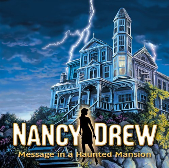 Nancy Drew silhouetted in front of a haunted Victorian mansion with lightning in the night sky