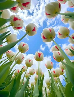 White and red tulips viewed from ground level looking up at blue sky with clouds