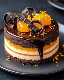 Round layered cake with chocolate topping, orange garnish, and decorative chocolate curls on dark plate