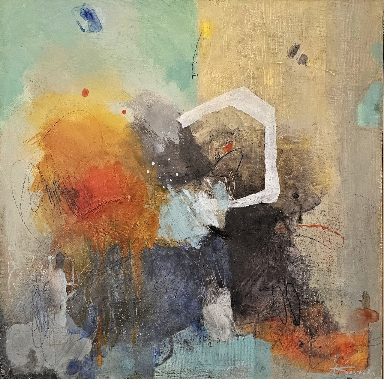 Abstract painting with warm orange, yellow, dark blue and gray tones and a white pentagon shape