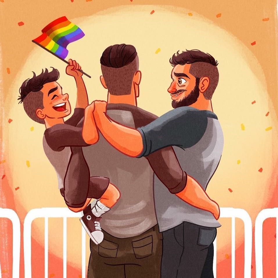Two dads lifting child with rainbow flag in cheerful illustration