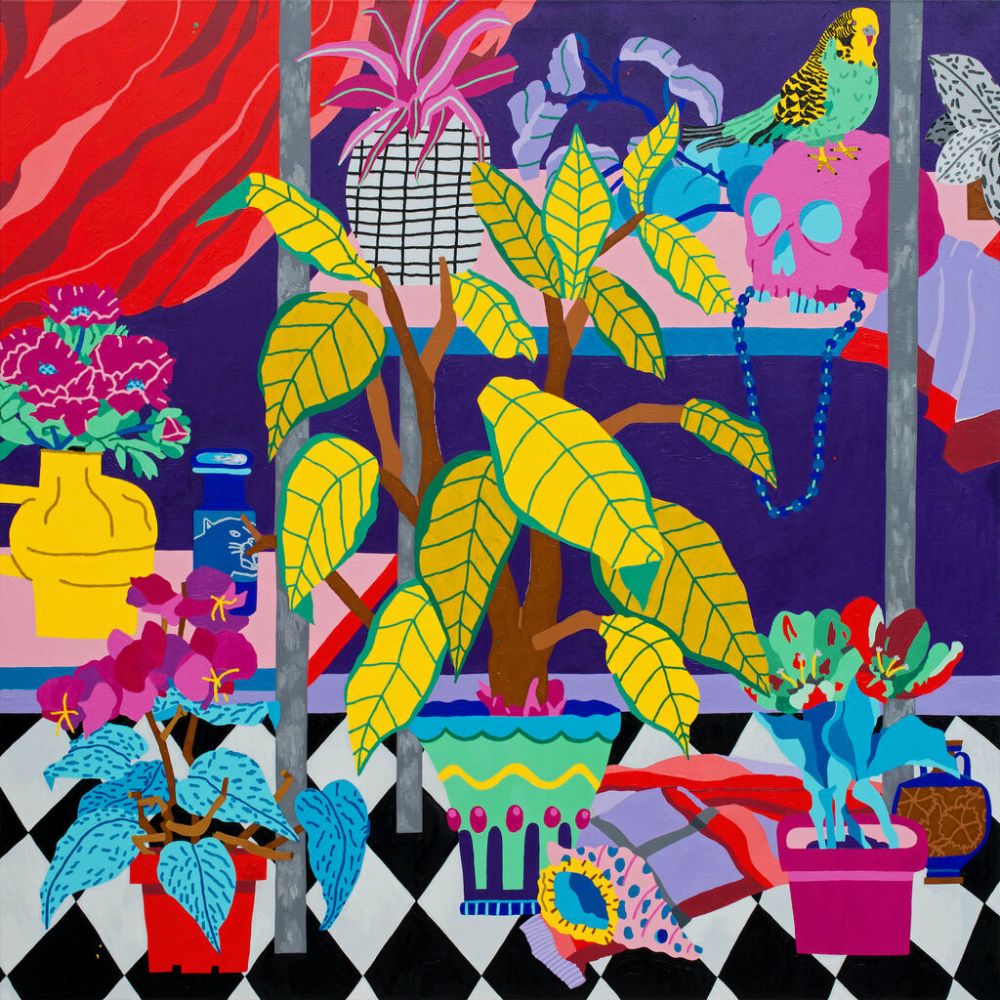 Colorful illustrated interior with potted plants, patterned floor, and two birds near a window