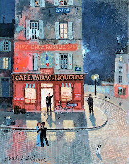 Painting of a Paris street corner at night with a cafe-tabac, pedestrians, and a pink bicycle
