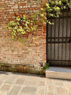 Rustic brick doorway with green plants and decorative tiles