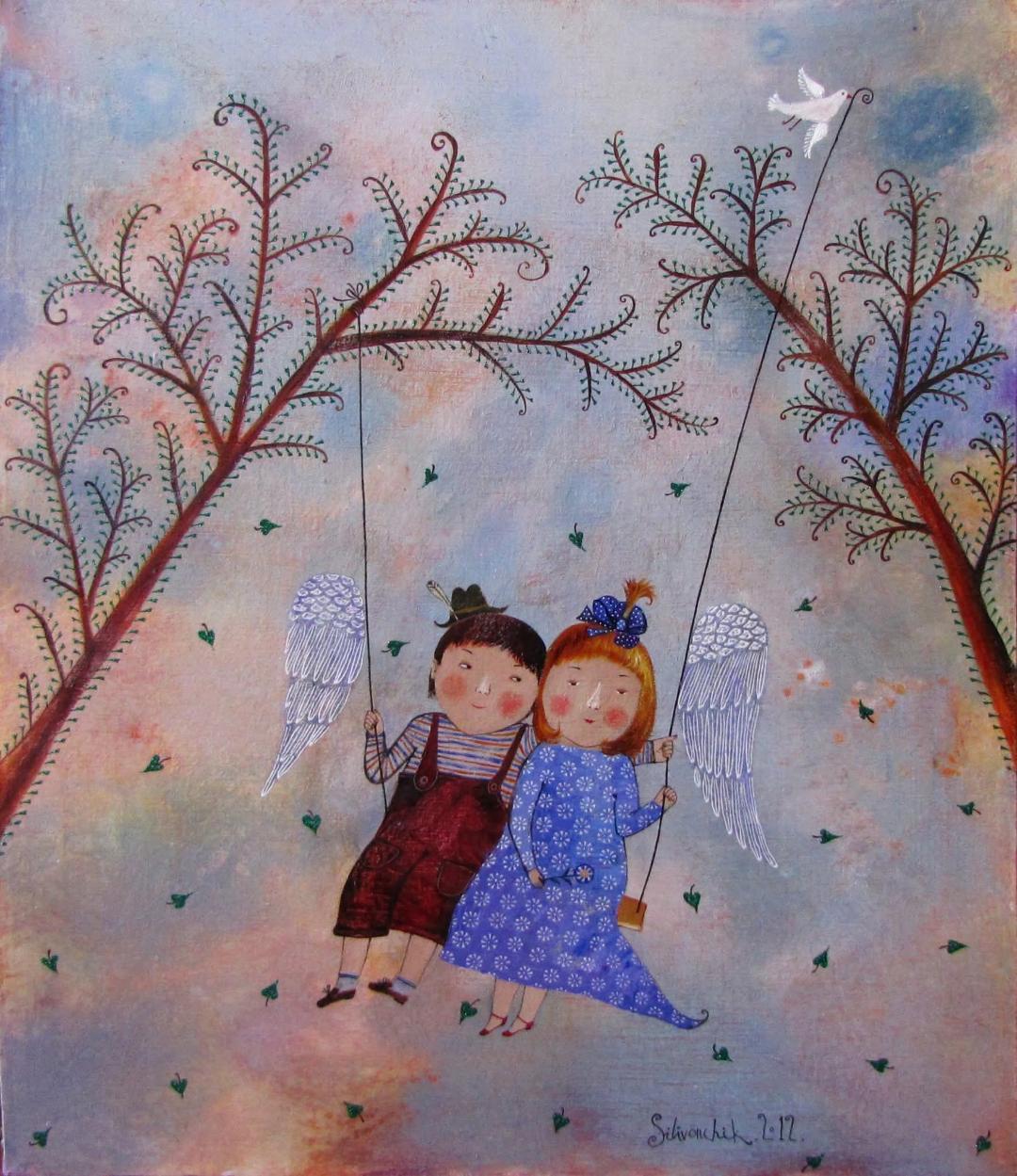 Two girls swinging under decorative trees in a dreamy pastel painting