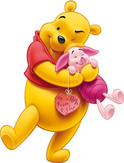 Winnie the Pooh hugs Piglet and holds a purple balloon on a white background
