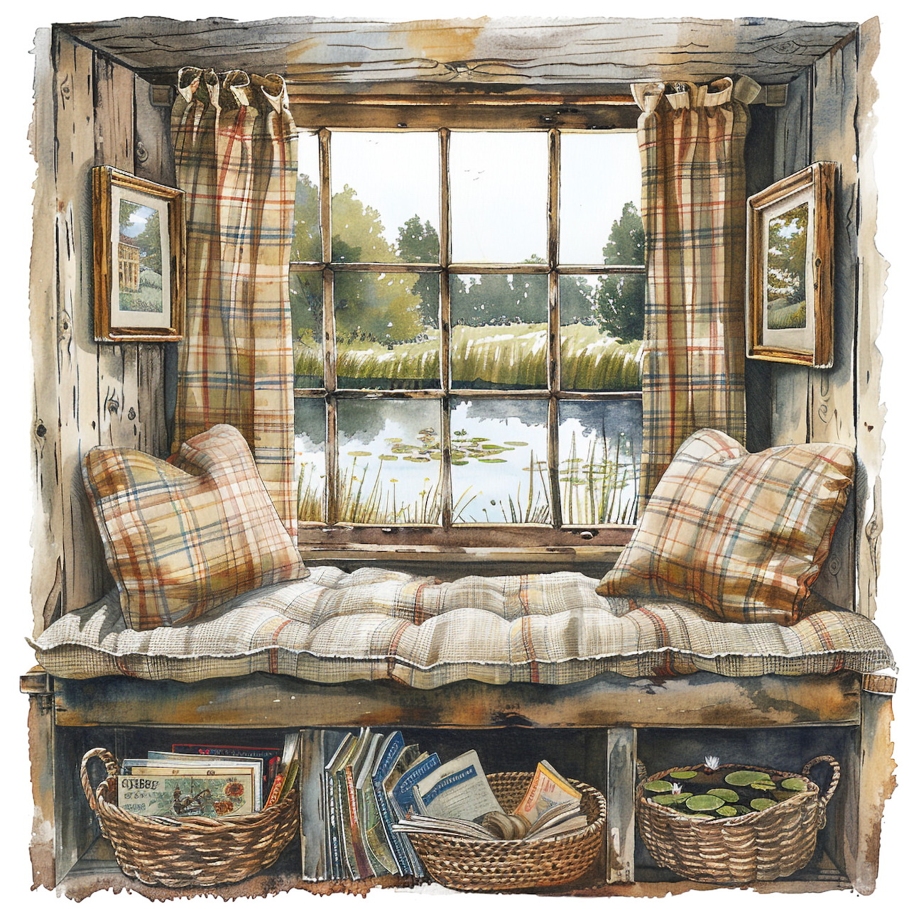 Watercolor cottage window seat with plaid pillows, books, baskets, and a lake view outside