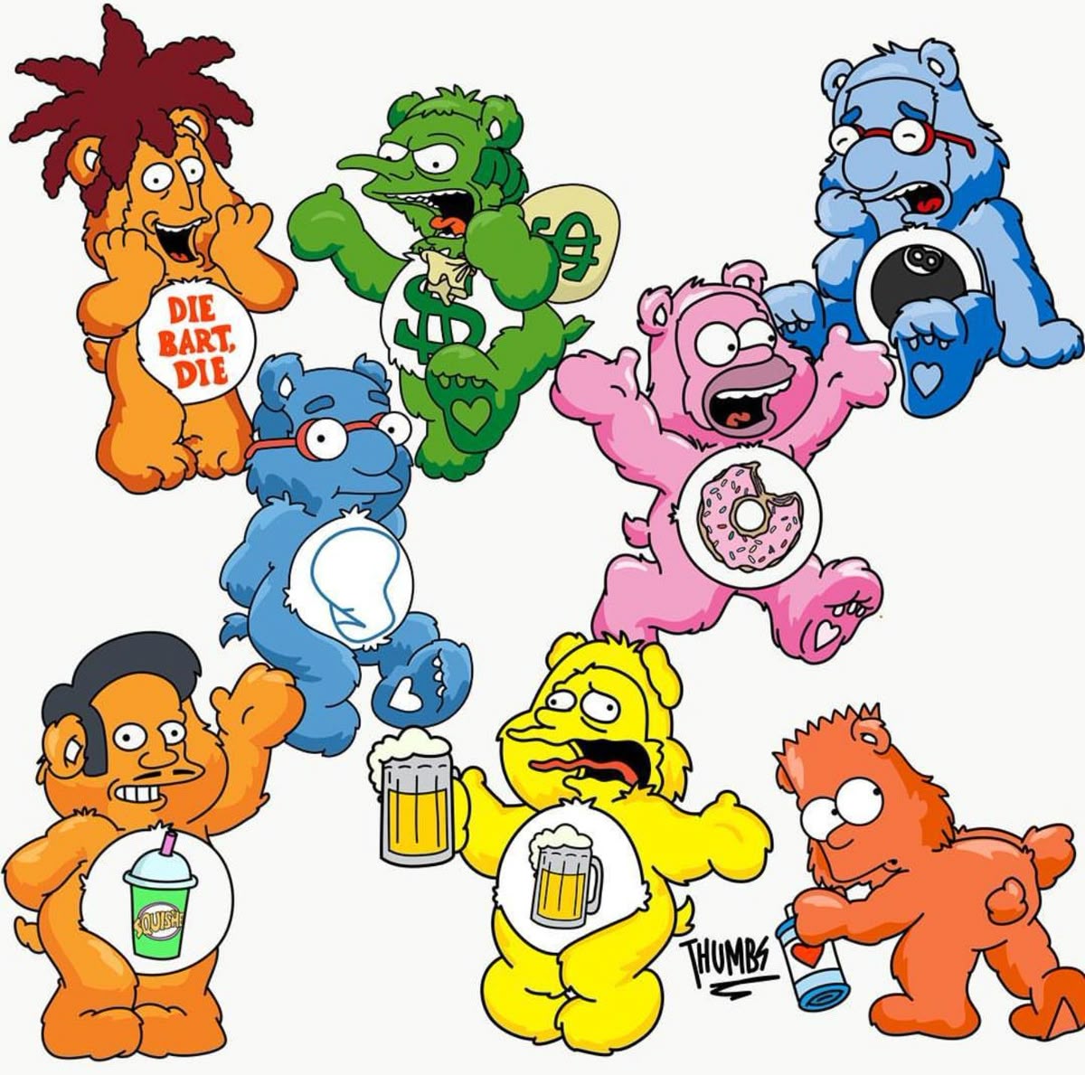 Simpsons characters drawn as Care Bears with distinctive belly symbols and expressions