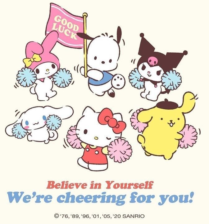 Hello Kitty character in cheerleader outfit holding pom-poms