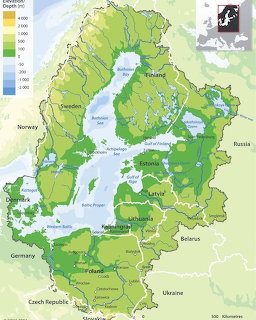 Topographic map of the Baltic Sea drainage basin showing elevation levels across Scandinavia and northeastern Europe