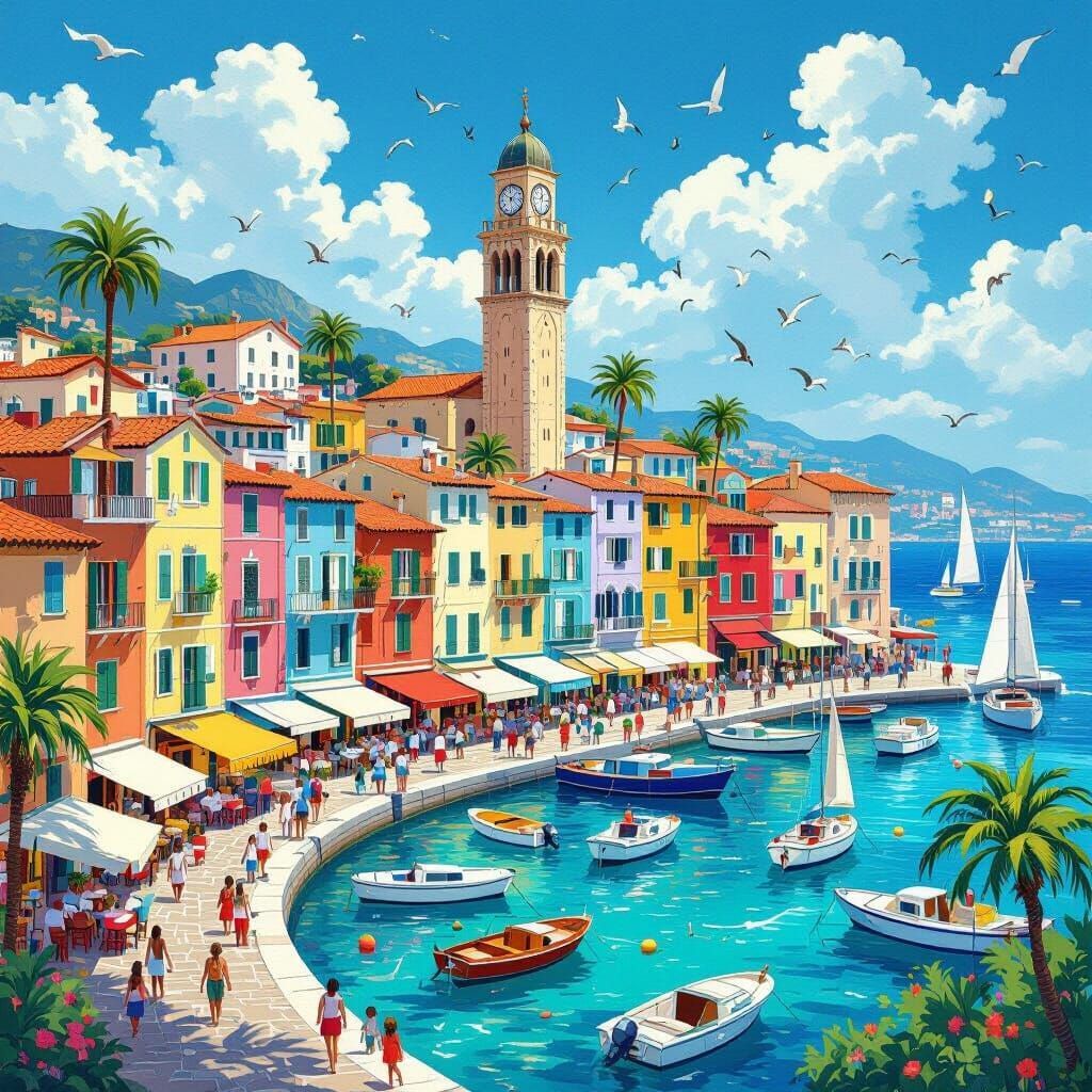 Colorful Mediterranean coastal village with harbor, boats, church tower, and palm trees under sunny blue sky