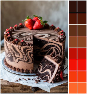 Chocolate marble cake with strawberries and a sliced piece next to a brown and red color palette