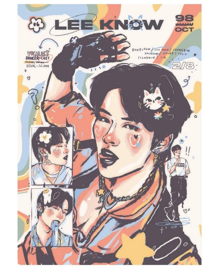 Colorful comic-style fan art poster of Lee Know with rainbow background and multiple illustrated panels
