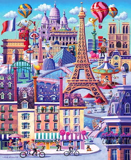 Colorful illustration of Paris with the Eiffel Tower, hot air balloons, buildings, cafés, and bicycles