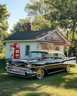 Black and gold 1956 Chevrolet Bel Air in front of white cottage with red gas pump