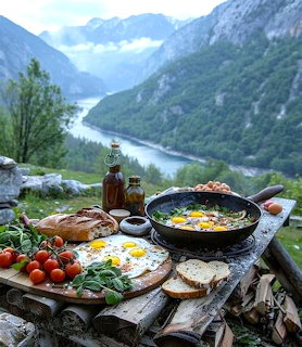 Breakfast table with skillet eggs, tomatoes, bread, greens on wooden surface with mountain valley backdrop
