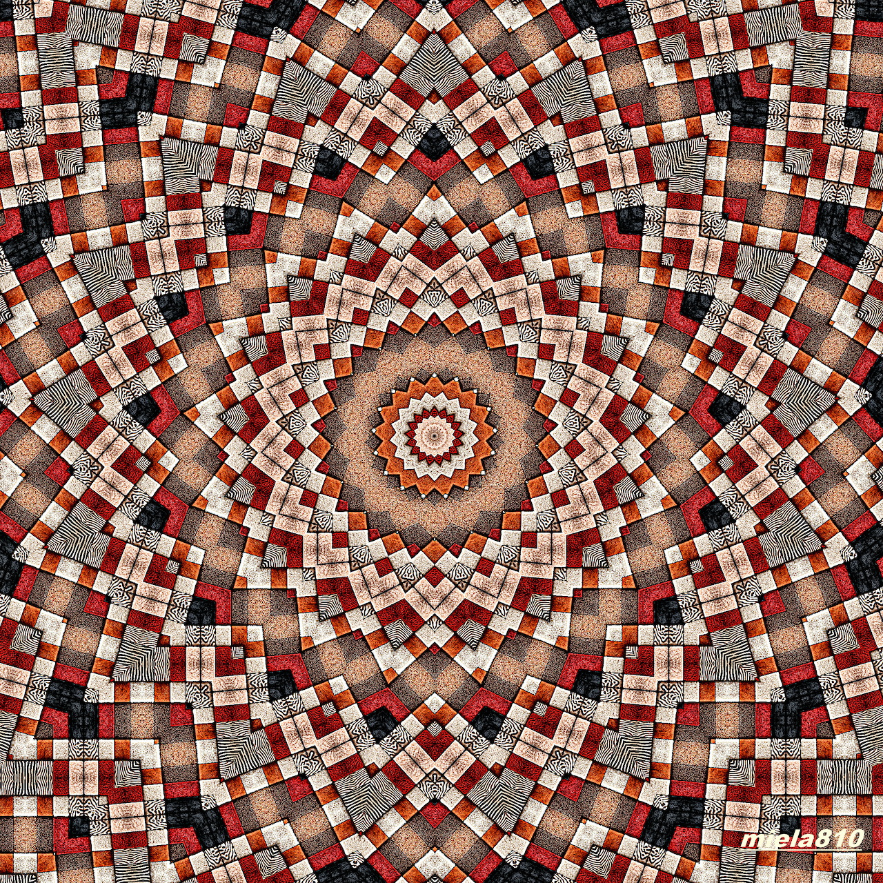 Circular mandala with geometric mosaic pattern in red, white, black and tan radiating from center