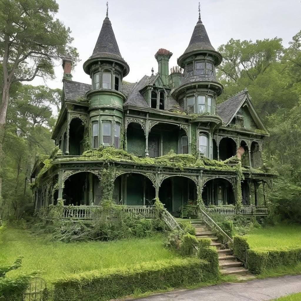 Weathered Victorian mansion with twin turrets overgrown with vines in a wooded area