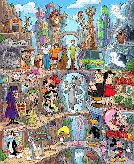 Collage of classic cartoon characters including mice, cats, and other animated figures in a vibrant town scene