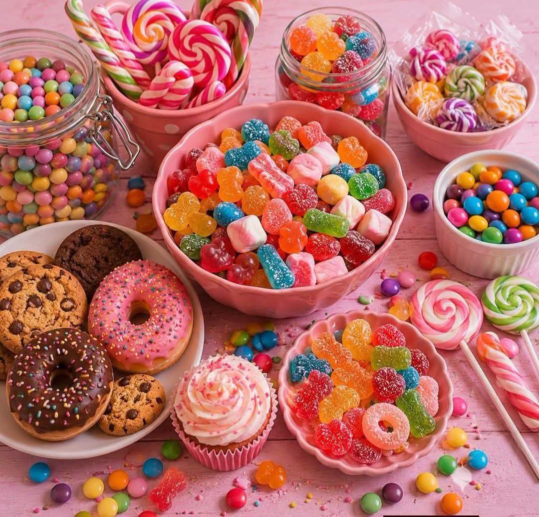 Colorful candy, donuts, cookies, cupcakes, and lollipops arranged on a pink table