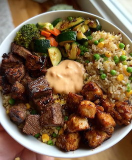 Hibachi bowl with steak, chicken, fried rice, broccoli, carrots, zucchini, and sauce