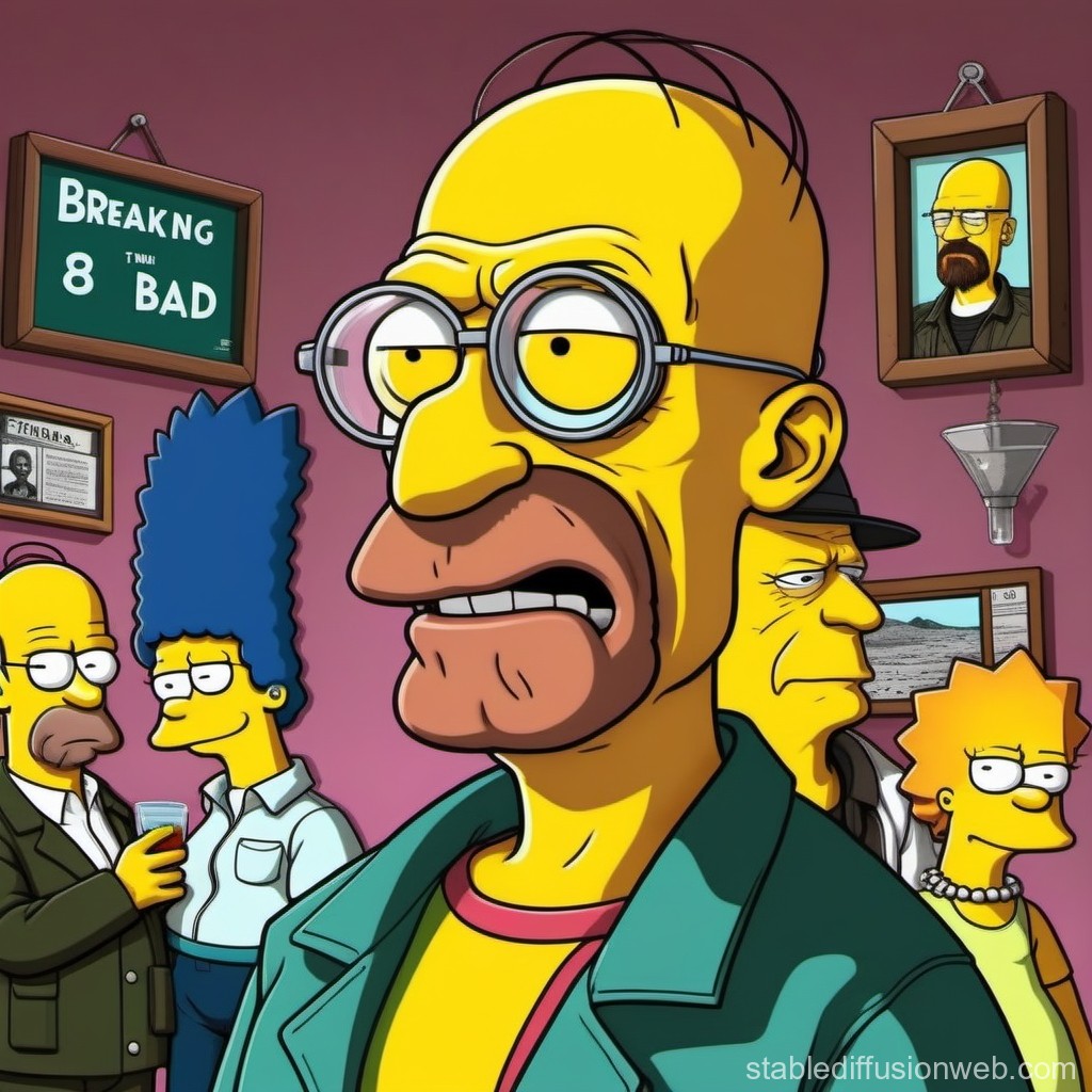 Homer Simpson dressed as Walter White with bald head, glasses, goatee, and teal jacket surrounded by other characters