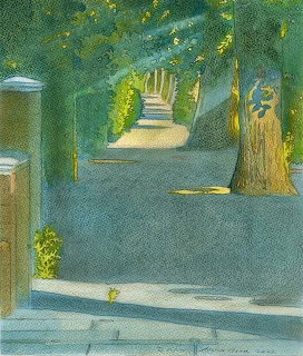 Watercolor painting of a sunlit tree-lined avenue with stone walls and green foliage