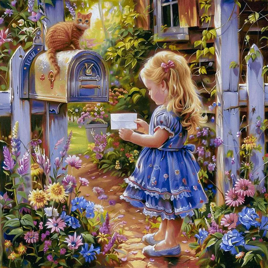 Girl in blue dress reading letter by flower-filled garden gate with orange cat