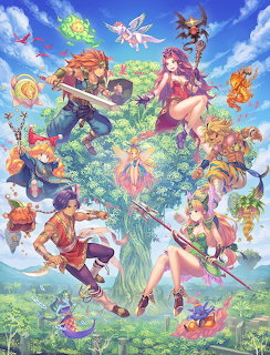 Colorful anime characters gathered around a glowing tree with fantasy creatures in a bright sky and landscape