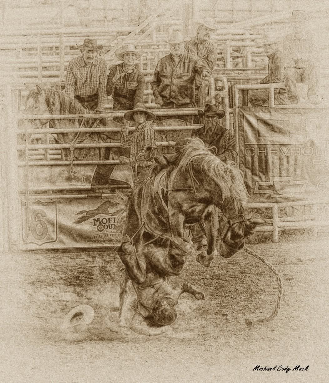 Sepia sketch of a rodeo rider on a bucking horse in an arena