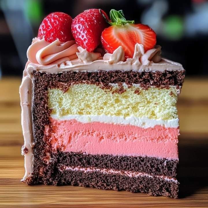 Slice of layered cake with chocolate, vanilla, pink strawberry cream, white frosting and fresh strawberries