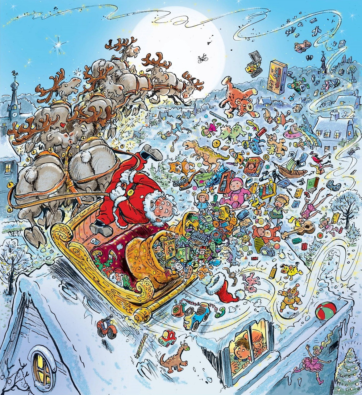 Santa Claus falling from crashed sleigh with reindeer and toys scattered in snowy sky above houses