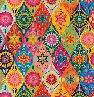 Colorful repeating pattern with ornamental medallions, flowers, and geometric designs in bright rainbow hues