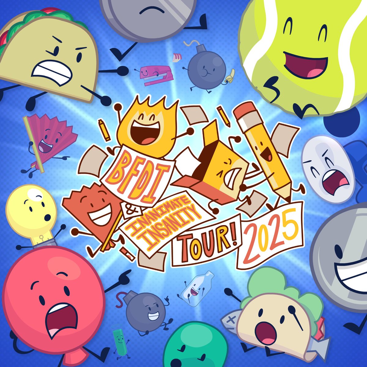 Cartoon poster with animated object characters from BFDI and Inanimate Insanity surrounding tour logo on blue background