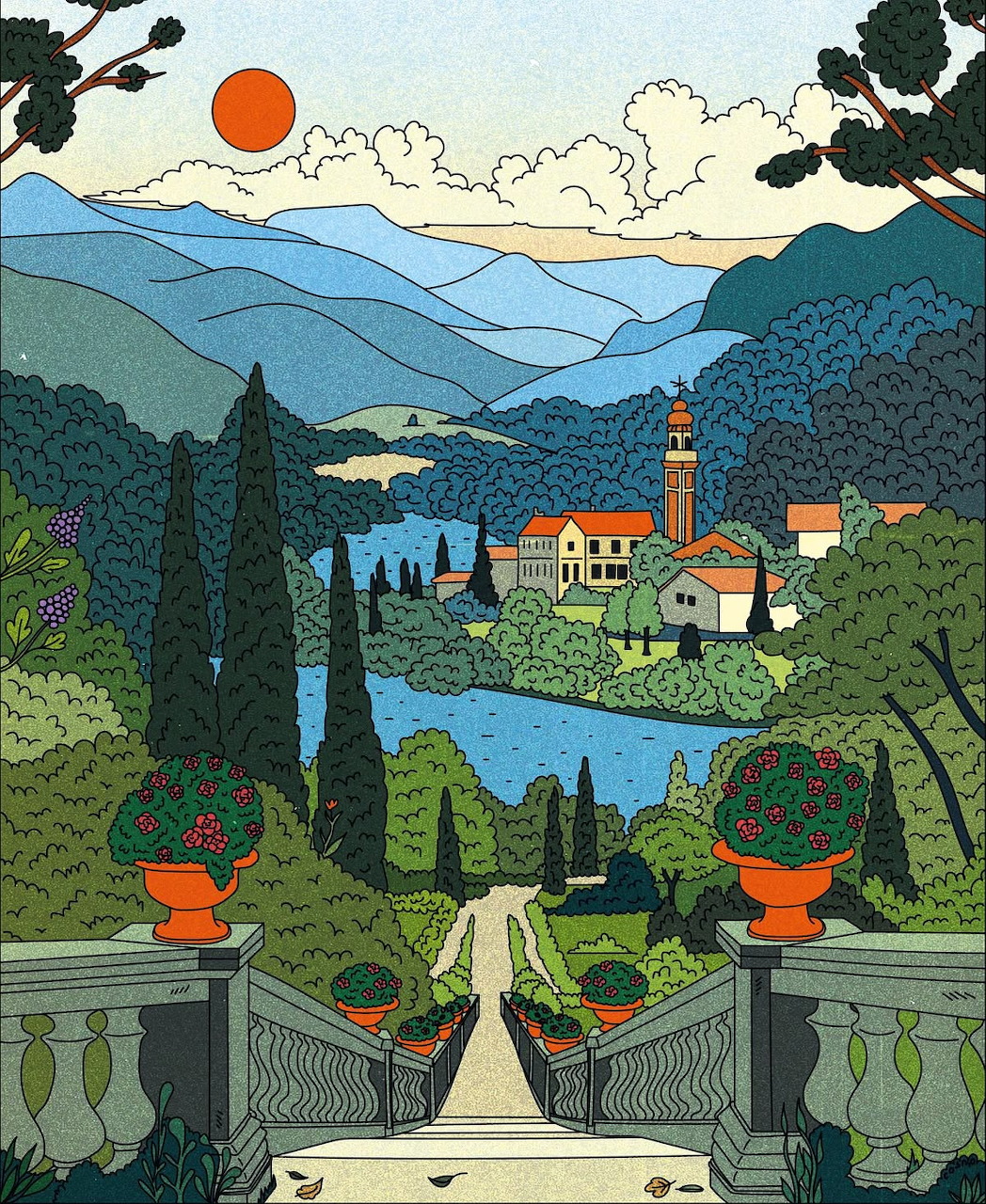 Italian Lake Village Illustration