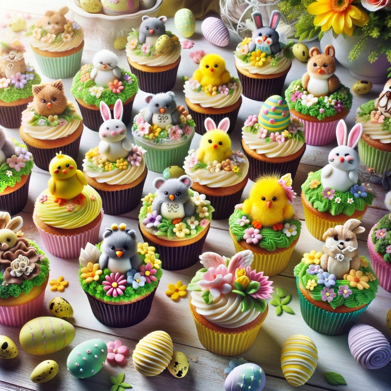 Colorful Easter cupcakes topped with bunny, chick, lamb, and nest decorations on a wooden table
