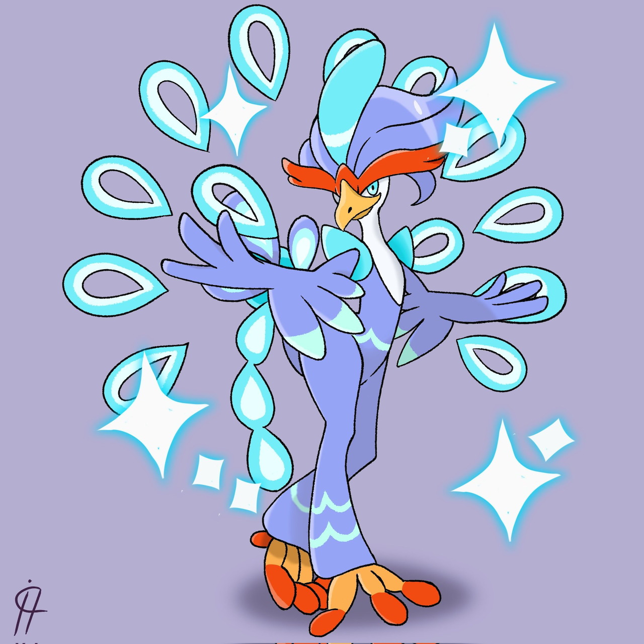 Shiny Quaquaval Pokemon with blue plumage and orange feet striking a dynamic pose