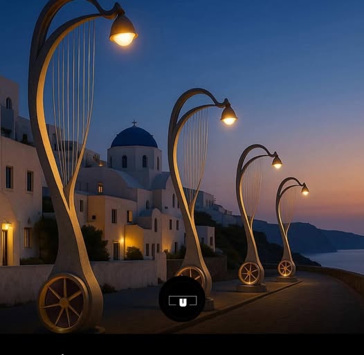 Santorini Evening with Street Lamps