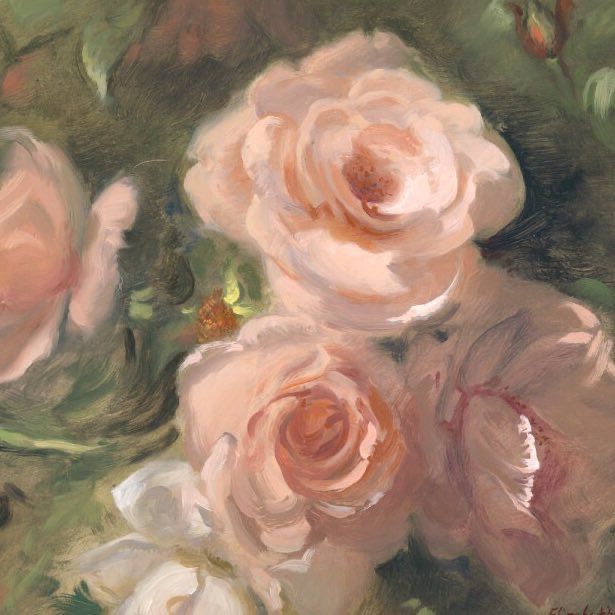 Impressionistic painting of pale pink roses with green leaves