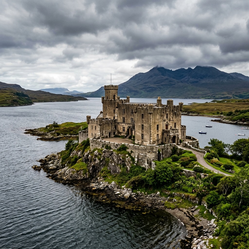 Medieval castle on rocky island in Scottish loch with mountains and cloudy sky