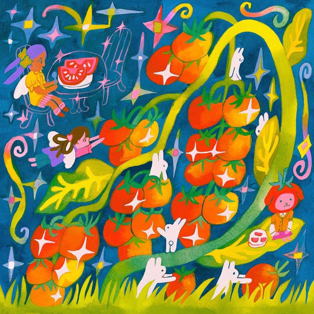 Colorful illustration of tomato plant with fairies, rabbits and stars in a magical garden setting