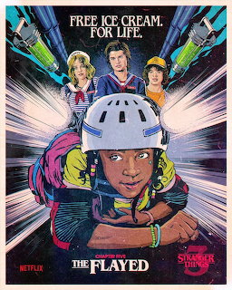Retro illustrated Stranger Things poster showing characters with helmets, ice cream, and bold typography reading The Flayed