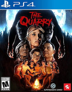 The Quarry PS4 game cover art with characters around a campfire and shadowy figures looming above