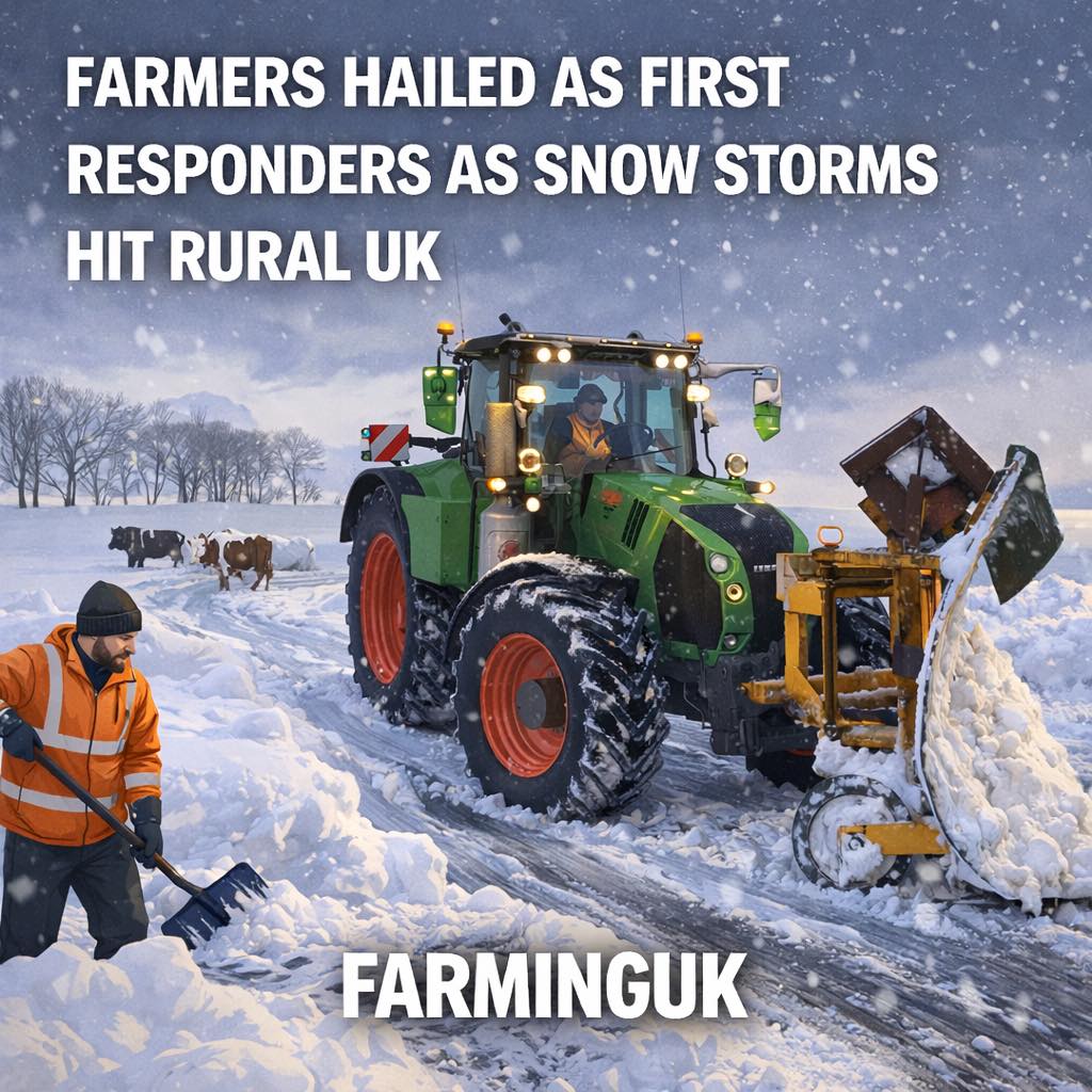 Green farm tractor with snowplow on a snowy rural road, with a worker shoveling nearby