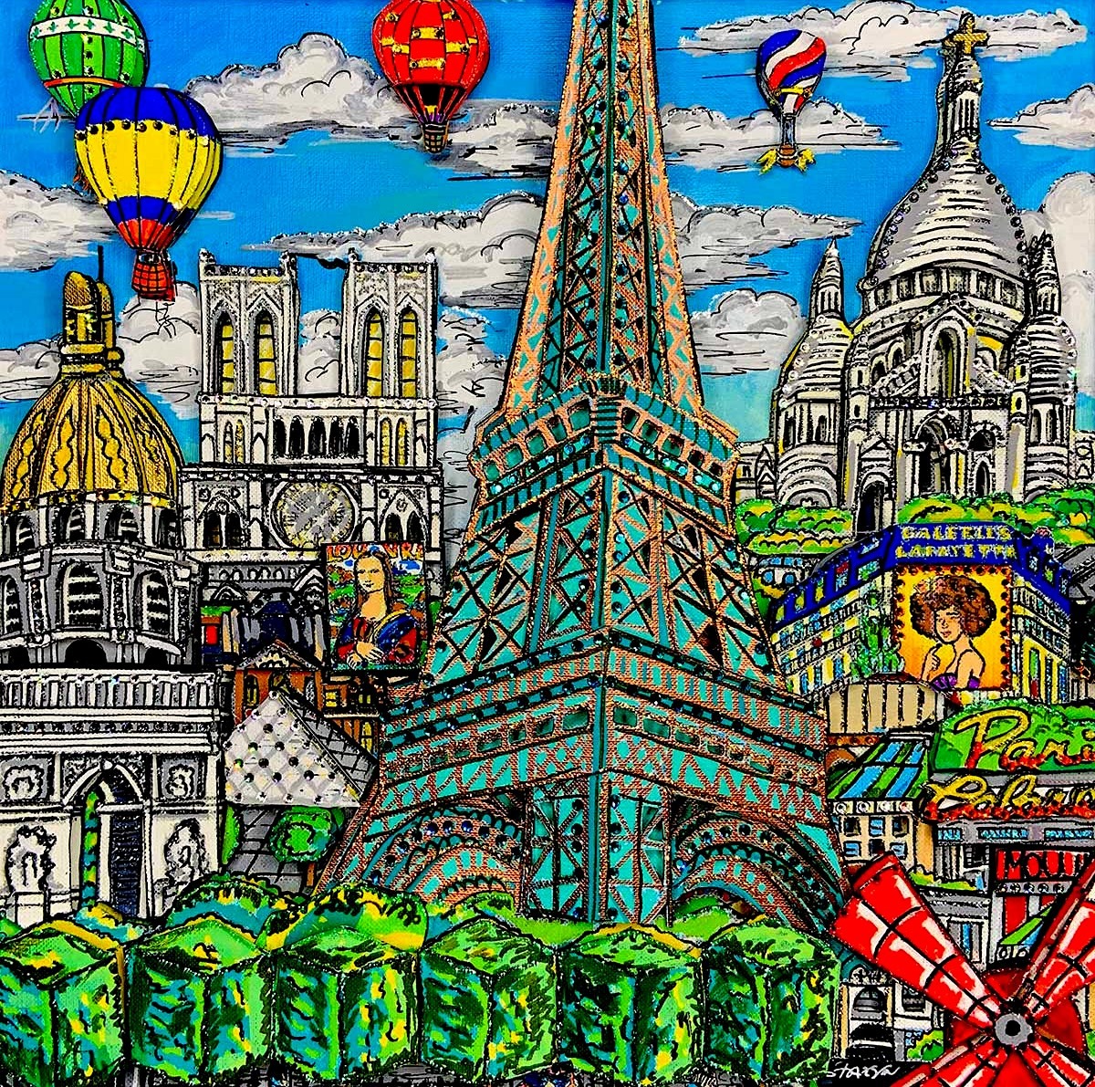 Colorful illustration of the Eiffel Tower in Paris with ornate buildings and hot air balloons