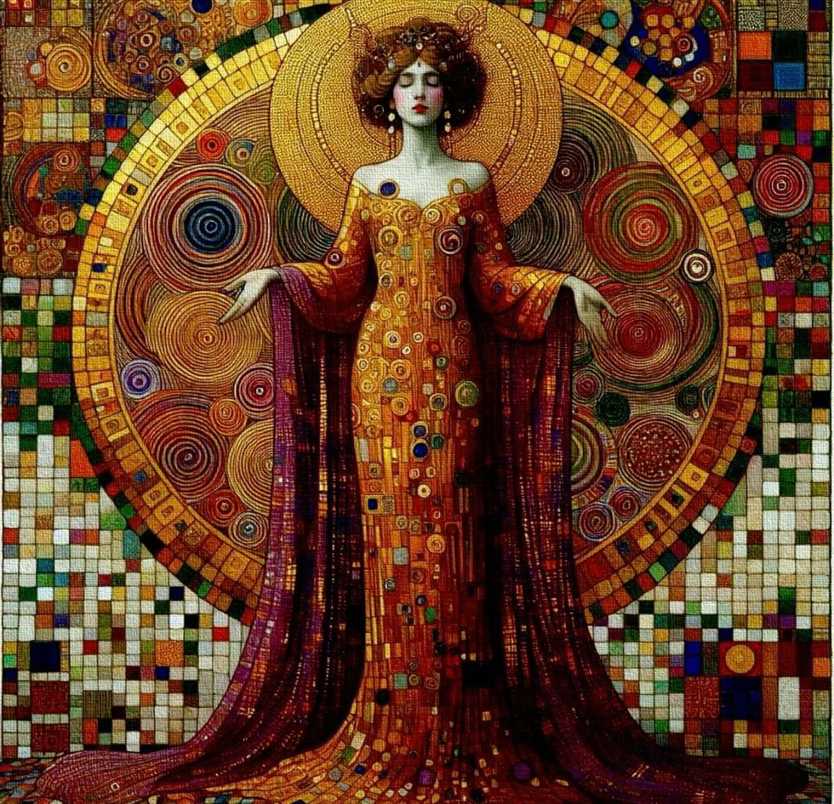 Woman in elaborate golden gown with art nouveau mosaic background featuring circular patterns and colorful tiles